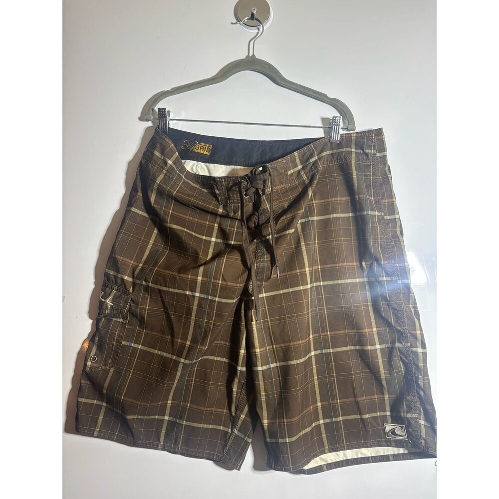 NWOT O'Neill Men's Brown Plaid Hybrid Board Shorts Size 38